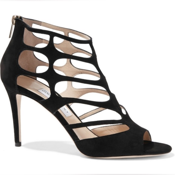 JIMMY CHOO Ren cutout suede Cage sandals Strappy Black sz 36.6 - Picture 2 of 10